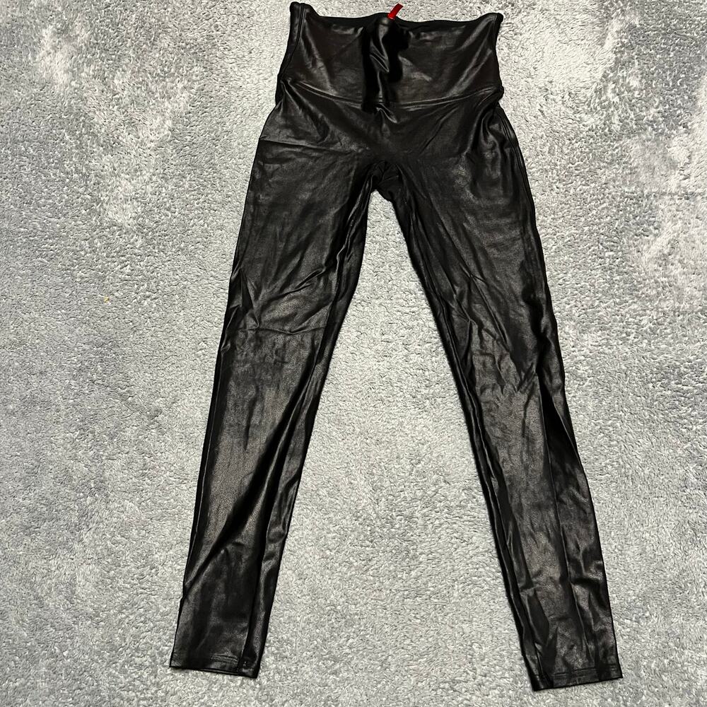 Spanx Leggings Womens Large Faux Leather High Waist Black Glossy Coated 2437